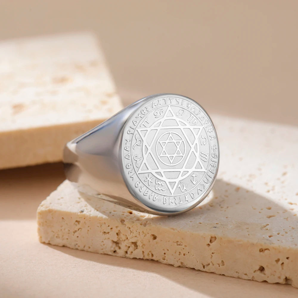 Dawapara Talisman Seal Solomon Ring Hexagram 12 Constellation Kabbalah Prosperity Good Health Amulet Stainless Steel Jewelry - AMULET RING STORE