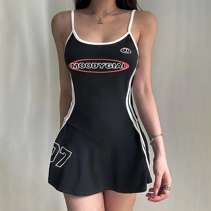 HEYounGIRL Tennis Style Spaghetti Strap Mini Dress Letter Print Contrast Color Sleeveless Women Short Dresses Summer Casual - AMULET RING STORE