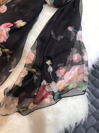 BYSIFA|New Black Pink Peony 100% Silk Shawl Scarf Women Chiffon Long Silk Scarves Cape Summer Foulard Winter Brand Scarves Wraps