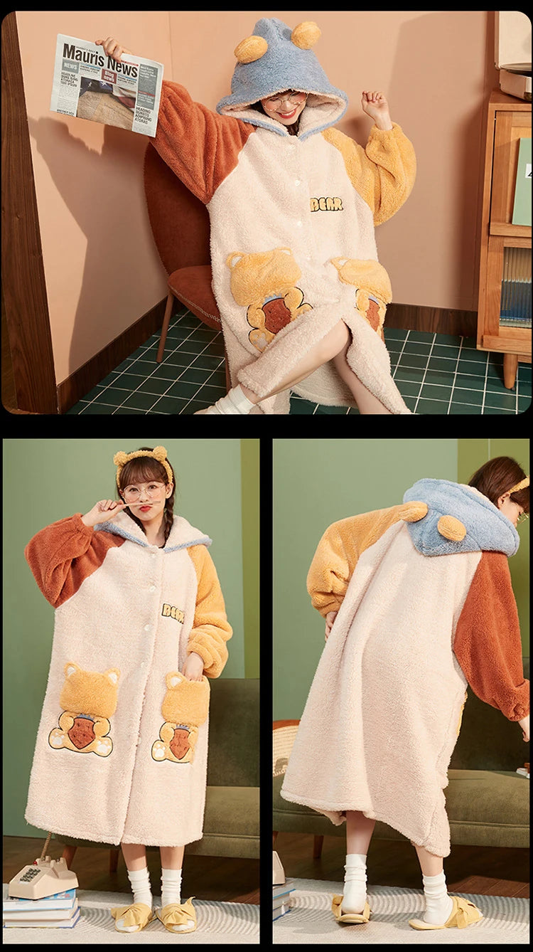 2024 Winter Pajamas For Women Cartoon Hooded Long Robe Strawberry Jacket Cute Home Wear Sleepwear Kawaii Flannel Warm Bathrobe - AMULET RING STORE