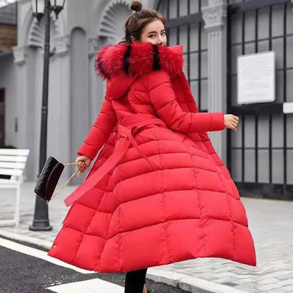 Women's Long Overknee Winter Cotton Padded Coat 2025 Off Season Sale Korean Style Slim Fit Faux Fur Collar Thickened Down Jacket
