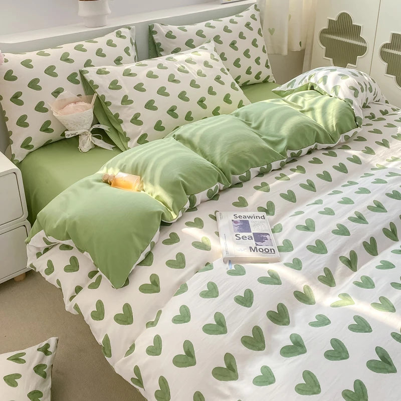 Korean Retro Floral Bedding Set 100% Washed Cotton Bed Sheets Set Soft Duvet Cover Bed Linen Pillowcase Single Double Queen King - AMULET RING STORE