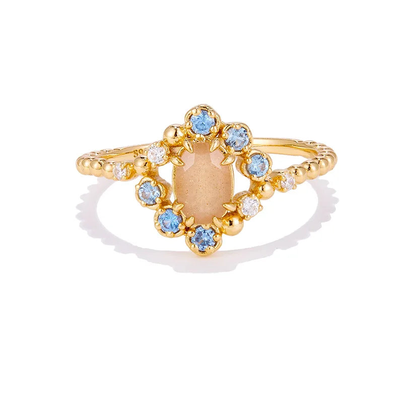 LAMOON Vintage Natural Orange Moonstone Ring For Women Exquisite Luxury Court Style 925 Sterling Silver Gold Plated Fine Jewelry