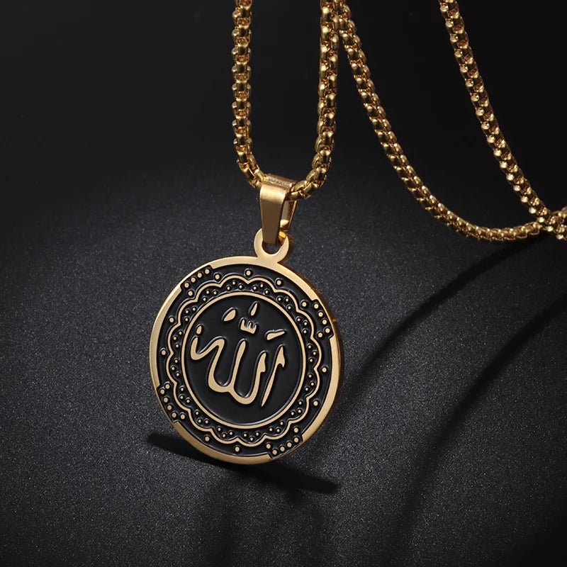 Allah Necklace for Men Stainless Steel Gold Color Round Pendant Necklace