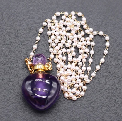 Natural Amethysts Perfume Bottle Necklace Essential Oil Diffuser Amethysts Gravel Stone Chain for Jewerly Party Gift 17x38x13mm - AMULET RING STORE