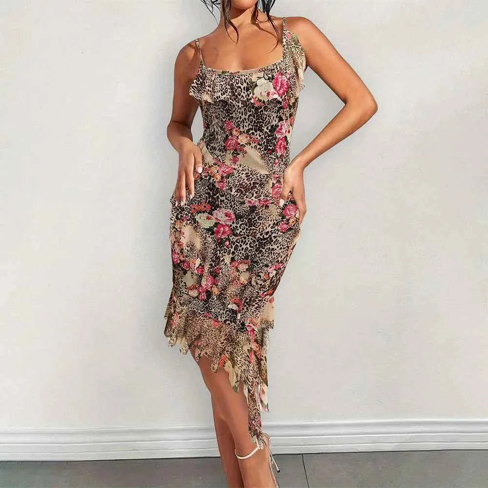 Sexy Club Party Midi Dresses Women Fashion Leopard Print Halter Backless Slim Bodycon Vestidos Robes Female Ruched Ruffle Dress