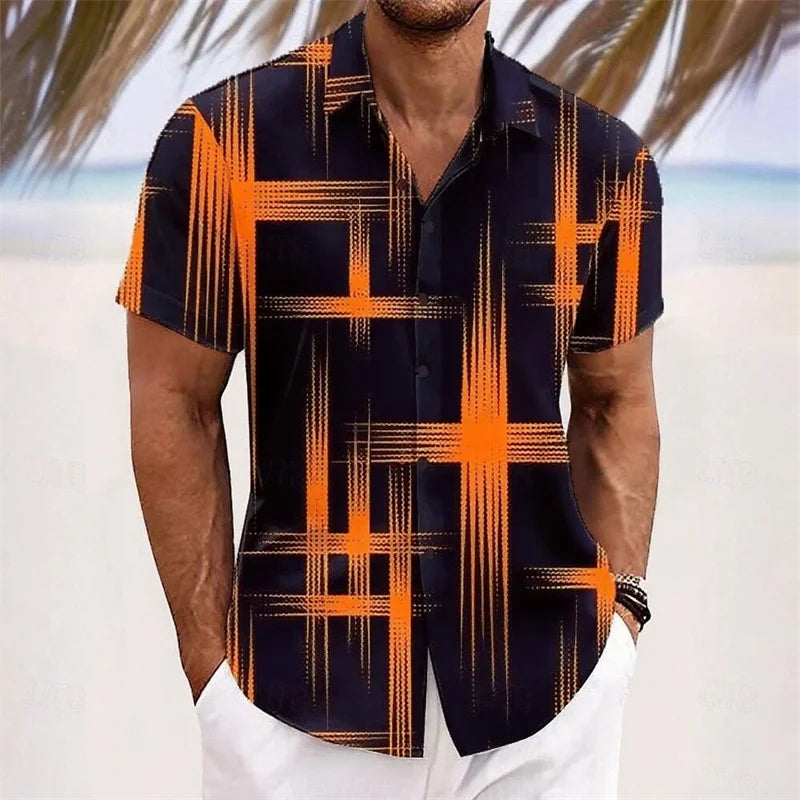 Men's Geometric Plaid Gradient Shirt Fashion Casual Outdoor Vacation Daily Wear Summer Lapel 3D Printed Shirt White Red Blue