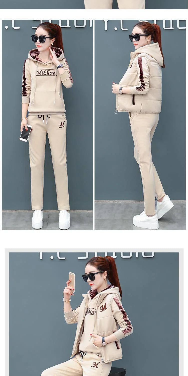 Women's Fashion Plush Thickened Sweat Suit 2025 Autumn Winter New Casual Hooded Tops Waistcoat Pants 3 Three Piece Set For Women