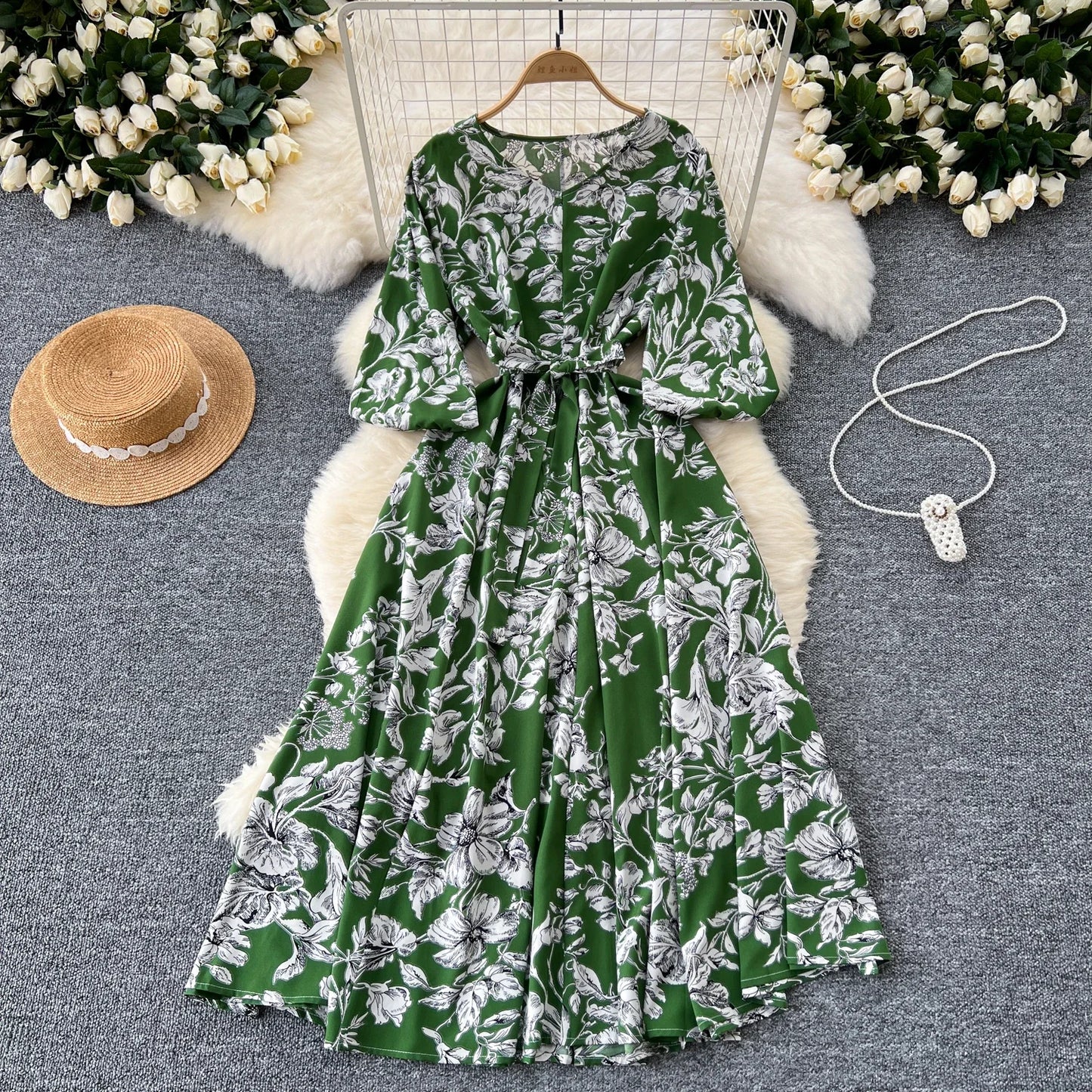 Elegant Boho Floral Print Floral Pleated Maxi Long Dress Female V Neck Puff Sleeve Belt Dresses Women Summer Dress Robe