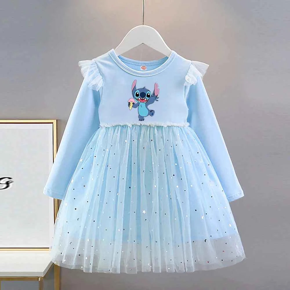 Girls Dress 2025 New Kids Clothes Autumn Long sleeves Disney Children Stitch Princess Dresses Baby Girl Cute Birthday Party 2-8Y