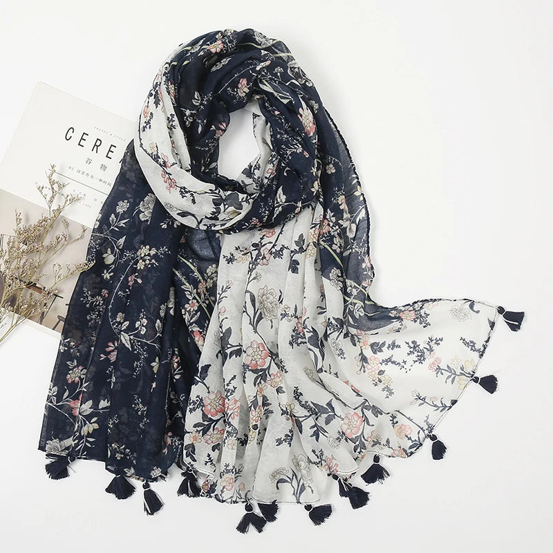 Fashion Printing Flower Tassel Shawl Cotton Viscose Scarf Women Beach Sunscreen Shawl Muslim Hijab Wrap Headscarf 180*90cm - AMULET RING STORE