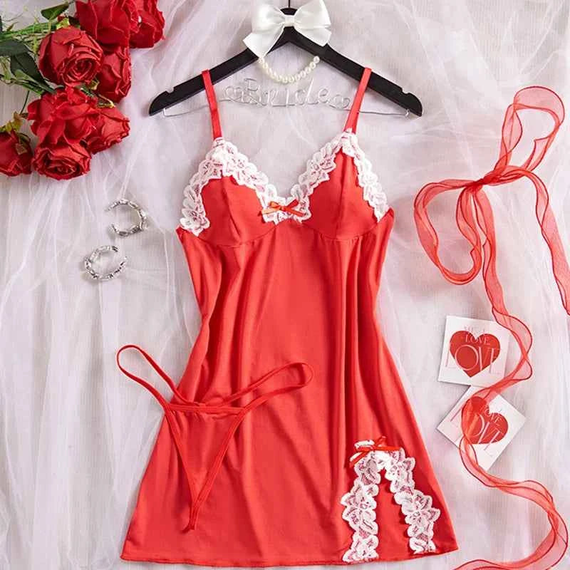 Deep V Women Nightdress Light Purple Sexy Adult Lace Bow Temptation Lingerie Gentle Erotic Clothing Dress Babydoll Underwear Set