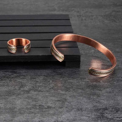 2x Copper Jewelry Set for Women Twisted Open Cuff Bangle Adjustable Copper Magnet Bracelet Ring Arthritis