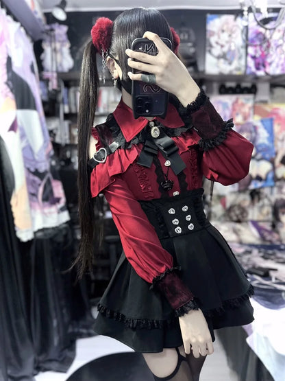 Sweet Gothic Lolita Two Piece Set, Off Shoulder Blouse + High Waist Skirt, Kawaii Tri-color Lace Coord Outfit for Women & Teens