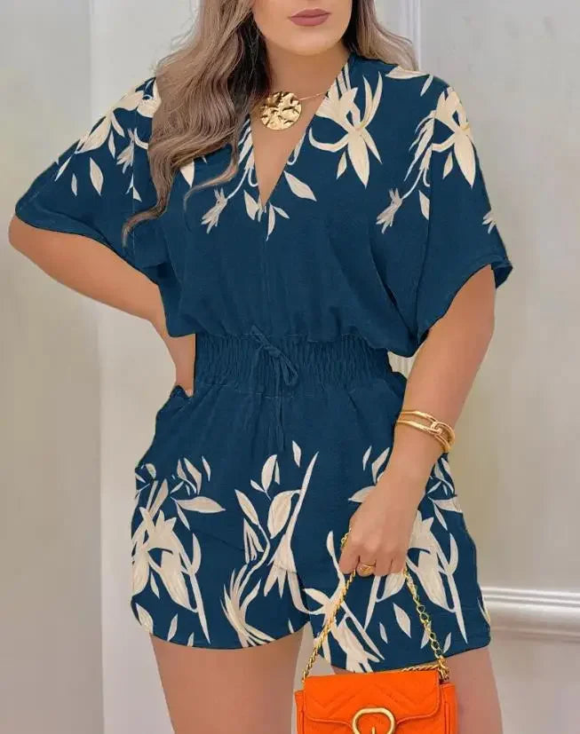 Summer Fashion Jumpsuit Women 2024 Batwing Sleeve Shirred Waist Casual Plain V-Neck Short Sleeve Above Knee Romper Streetwear - AMULET RING STORE