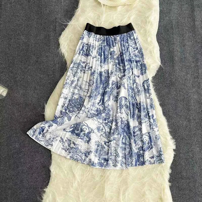 Autumn Skirts Womens New Vintage Floral Print Pleated Skirt Elastic High Waist Casual Midi Skirt Women Clothes Jupe