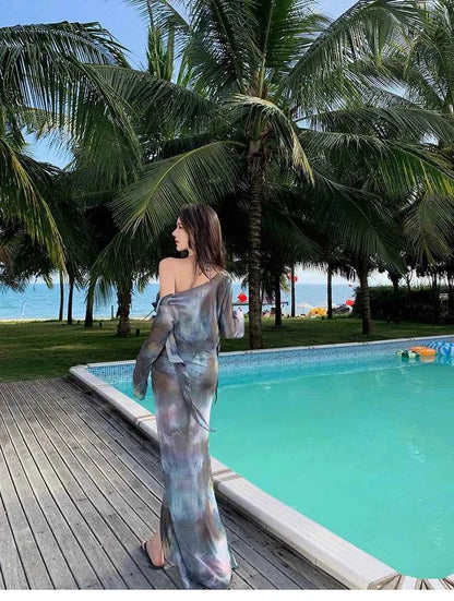 2025 Swimsuit Women's Sexy Bikini Four Piece Tie Dye Long Skirt Sexy European and American Slim Fit Hot Spring Vacation