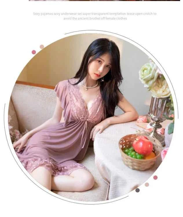 Sexy Sleepwear Women V-neck Nightgown Sexy Nightdress Lace Mesh Pajama Loungewear Summer Dress Nightwear Night Wear