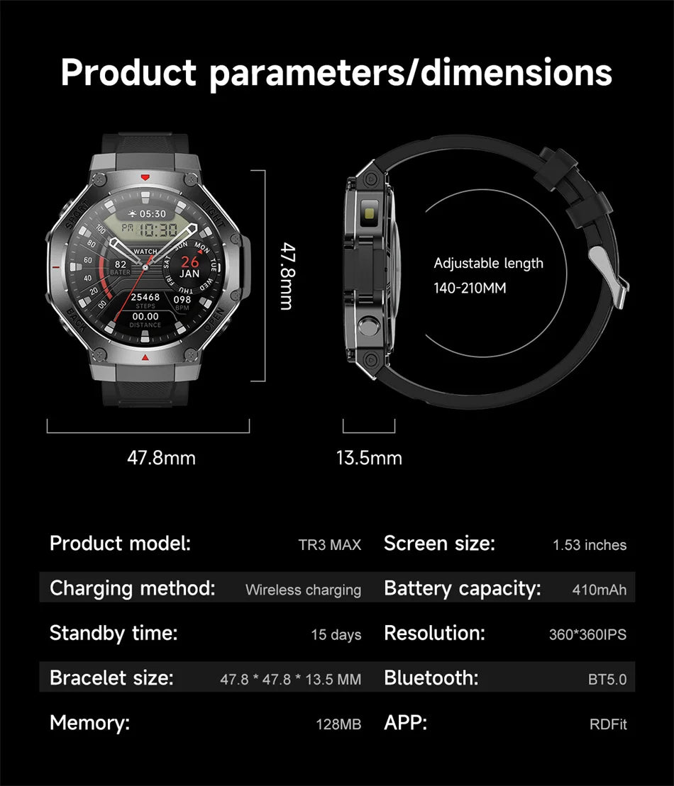 2025 New Men Sports Smart Watch GPS AMOLED Heart Rate Monitoring LED Flashlight NFC Bluetooth Call 3ATM Waterproof Smartwatches