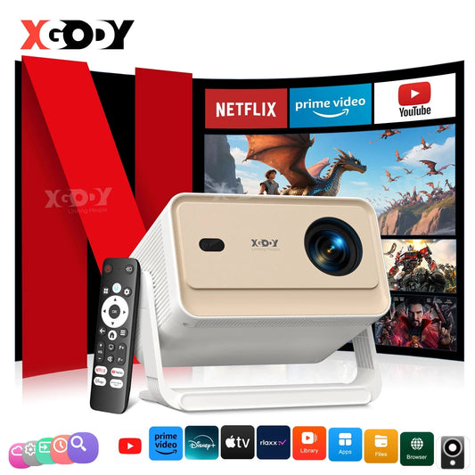 XGODY Projector N6 Pro Netflix Officially 4K Voice Control Smart Android TV Whale OS 32GB ROM for Outdoor Movie Home Theater