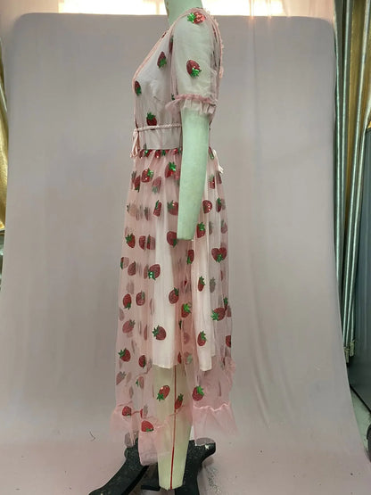 French Style Strawberry Two-tone V-neck Long Dress Sequins Ruffles Fashionable Net Yarn Sleeveless Robe
