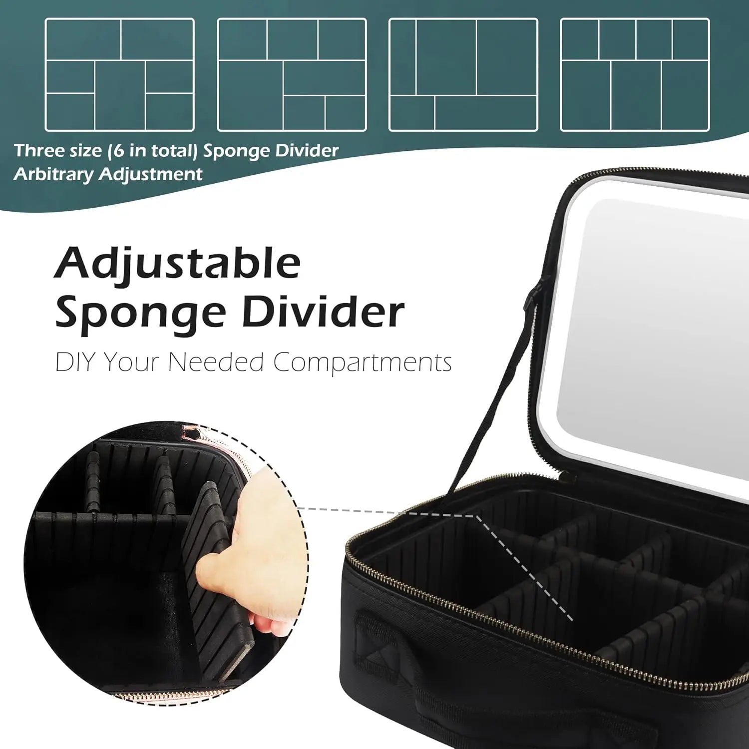 Makeup Organizer with Mirror Light 3 Adjustable Brightness Travel Train Case Cosmetic Bag Portable Storage Partition Waterproof - AMULET RING STORE