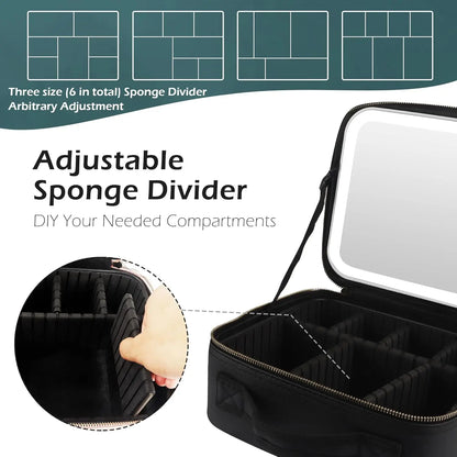Makeup Organizer with Mirror Light 3 Adjustable Brightness Travel Train Case Cosmetic Bag Portable Storage Partition Waterproof - AMULET RING STORE