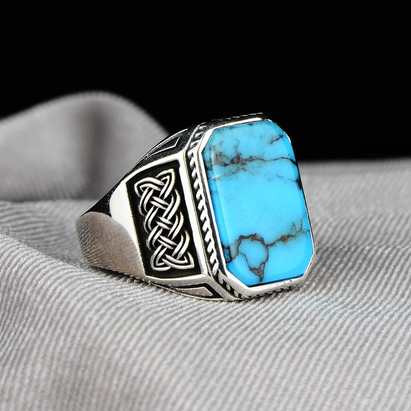 Turkish Handmade Men Vintage Big Turquoise Double Eagle National Emblem Pattern Rings AMULET RING STORE