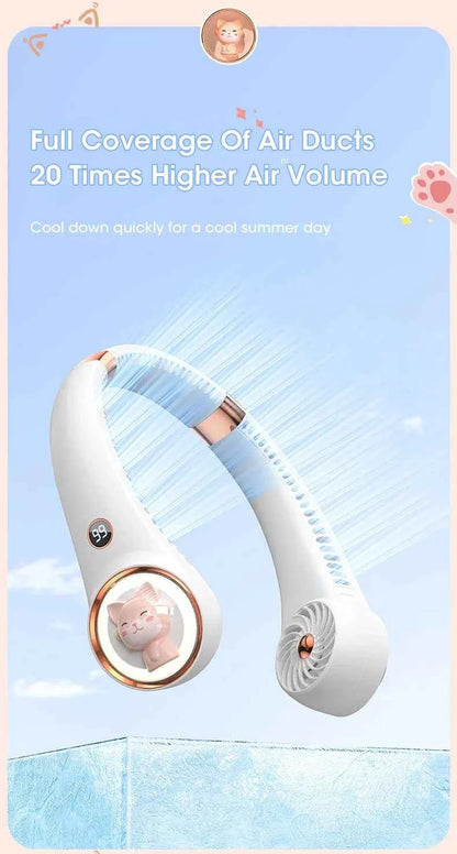 Bladeless Neck Fan 2000mAh USB Rechargeable Digital Display Cute Cat Hanging Mini for Travel Office