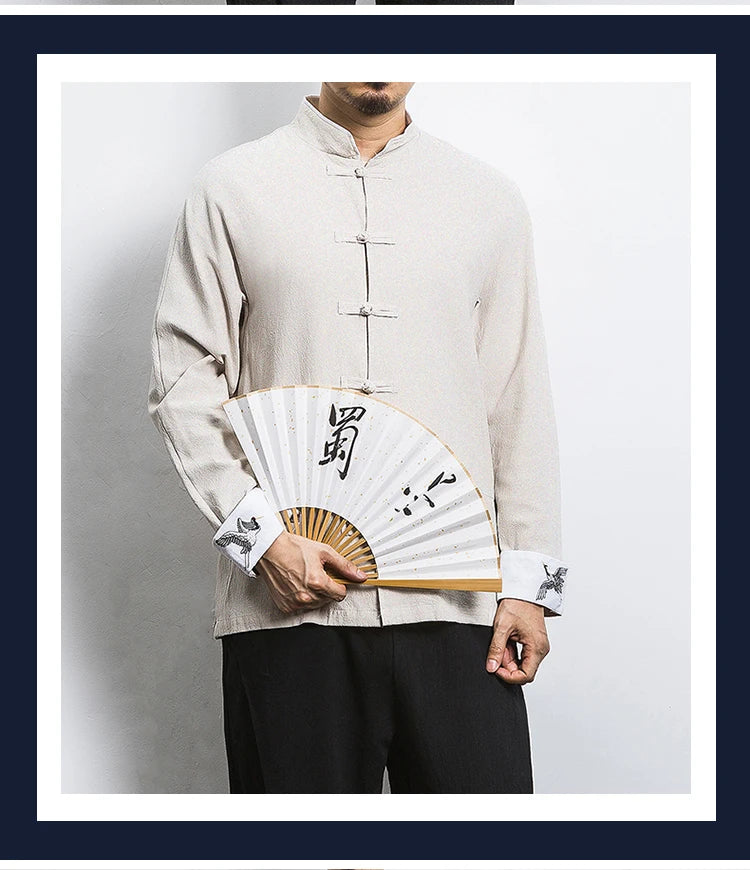 New Crane Embroidery Top Traditional Chinese Clothing for Men Vintage Half Sleeve Linen Shirts Solid Madarin Collar Hanfu Kungfu