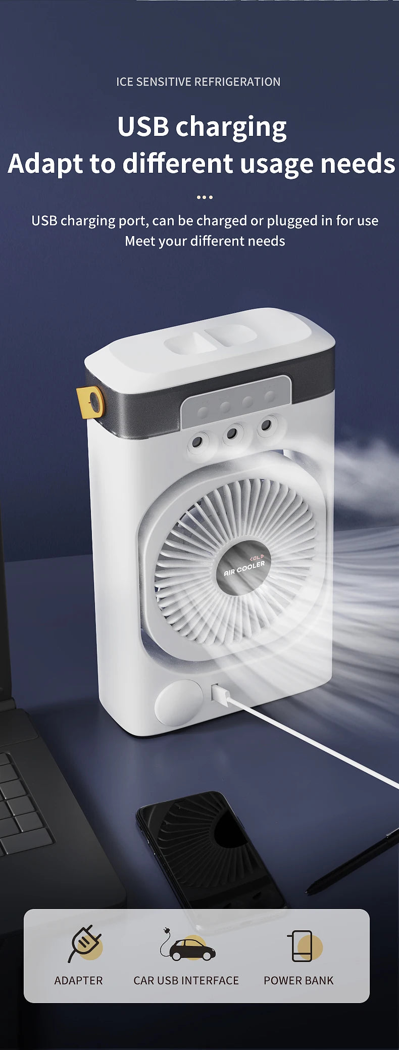 Portable air conditioning fan household 5000 mA desk humidifier small fan office three hole spray fan with color night light