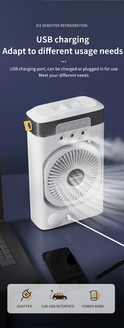 Portable air conditioning fan household 5000 mA desk humidifier small fan office three hole spray fan with color night light