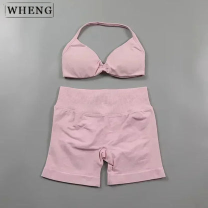 WHENG 2PCS Yoga Fitness Suit Women's Seamless Lace-Up Yoga Bra Top High Waist Workout Scratch Shorts Sports Suit Fitness Suit