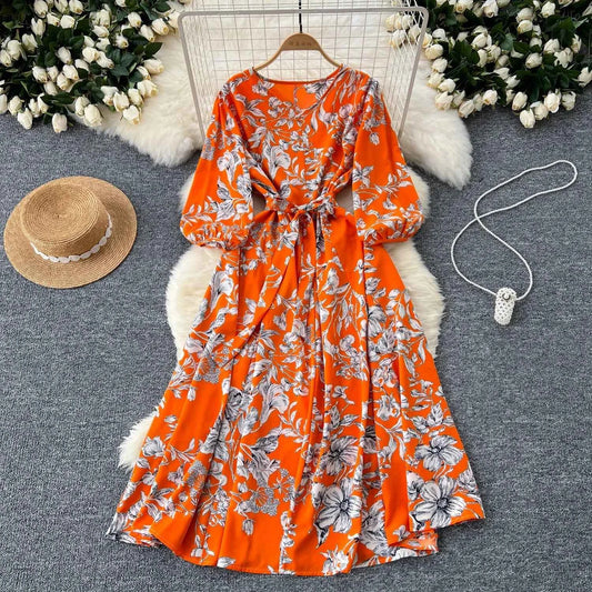 Elegant Boho Floral Print Floral Pleated Maxi Long Dress Female V Neck Puff Sleeve Belt Dresses Women Summer Dress Robe