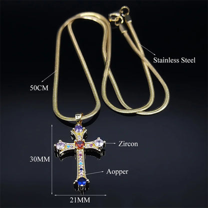Shiny Hip Hop Zircon Cross Pendant Necklace for Women Stainless Steel Crystal Choker Christian Necklaces Jewelry cruz colgante