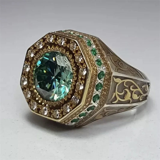 Vintage Luxury Men Rings Silver Color Round Green Stones Rings