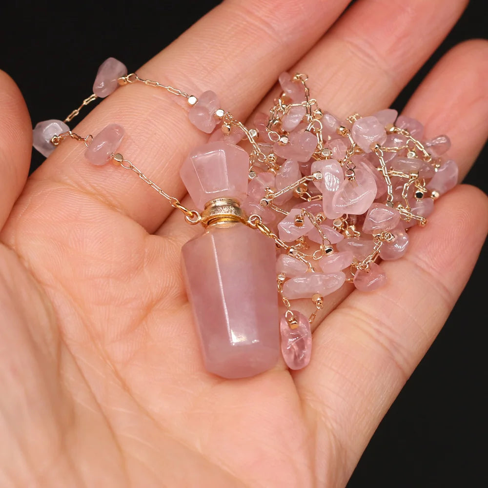 Natural Stone Rose Quartz Perfume Bottle Essential Oil Diffuser Reiki Healing Exquisite Necklace Jewelry Gift - AMULET RING STORE