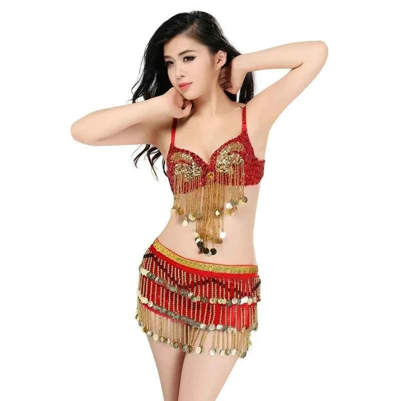 Women's Sexy Belly Dance Suit Charming Pole Dancewear Sequins Tassel Bra With Mini Skirt Stage Performance Costume