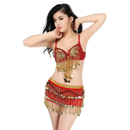 Women's Sexy Belly Dance Suit Charming Pole Dancewear Sequins Tassel Bra With Mini Skirt Stage Performance Costume
