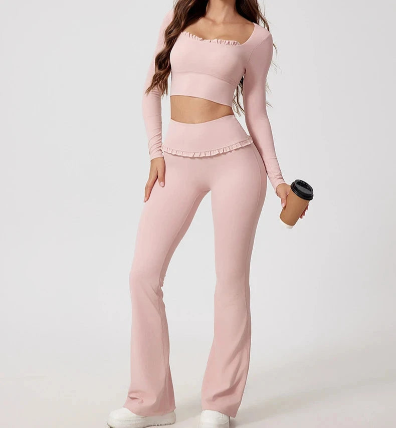 1/2PCS Pad Women Yoga Set Lotus Gym Fitness Long Sleeve Sports Crop Top High Waist Bell Flare Legging Workout Athletic Wear