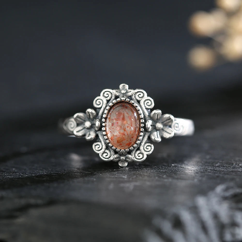 Natural Sunstone Ring S925 Silver Vintage Handmade Adjustable Bands Birthstone Healing Crystal Floral Boho Jewelry Gifts - AMULET RING STORE