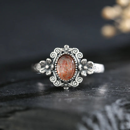 Natural Sunstone Ring S925 Silver Vintage Handmade Adjustable Bands Birthstone Healing Crystal Floral Boho Jewelry Gifts - AMULET RING STORE