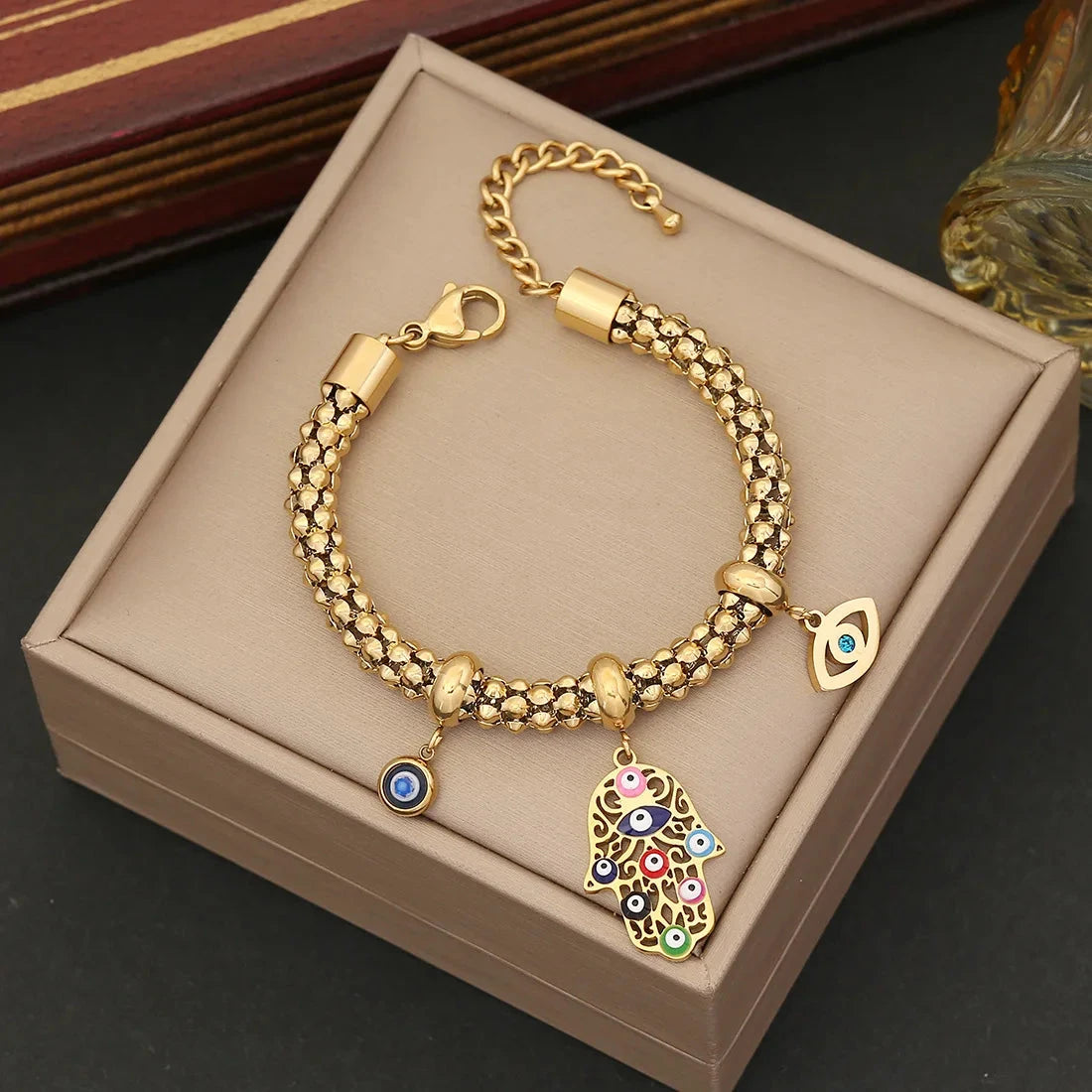 316L Stainless Steel New Fashion Fine Jewelry Colourful Eyes Palms Charm Hollow Thick Chain Necklace Bracelet Earrings For Women - AMULET RING STORE