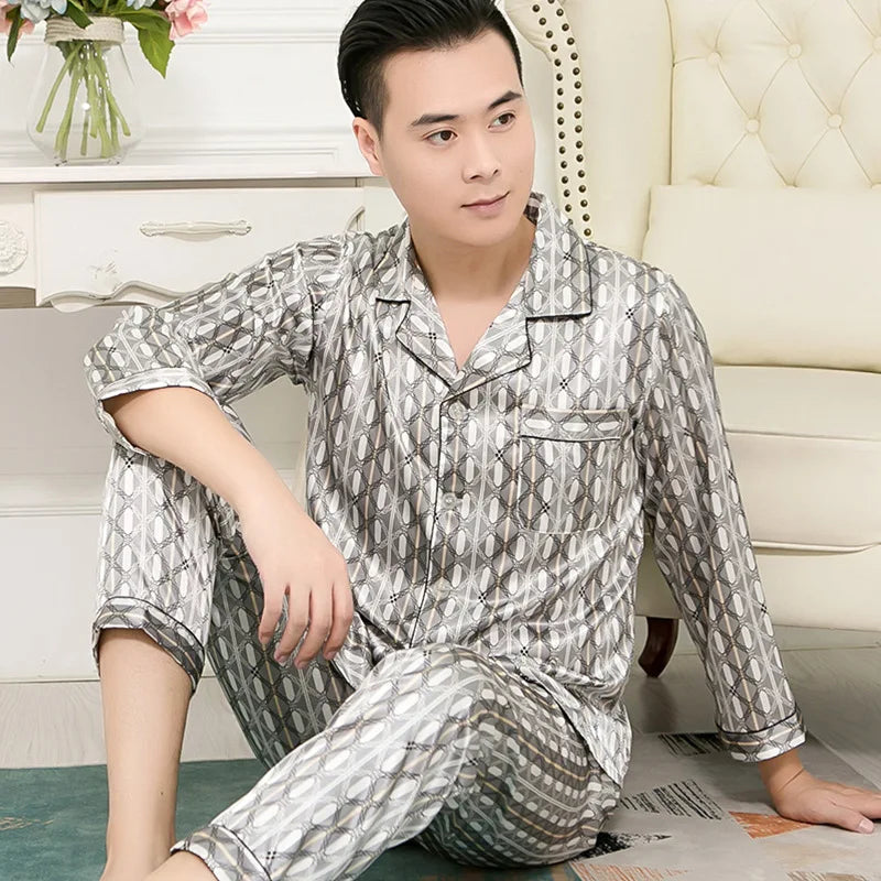 High Quality Pajamas Set Men Spring Autumn Thin Polyester Ice Silk Long-sleeved Sleepwear Plus Size Summer Home Clothes Male