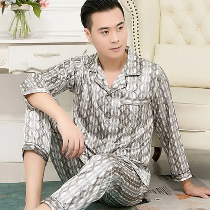 High Quality Pajamas Set Men Spring Autumn Thin Polyester Ice Silk Long-sleeved Sleepwear Plus Size Summer Home Clothes Male