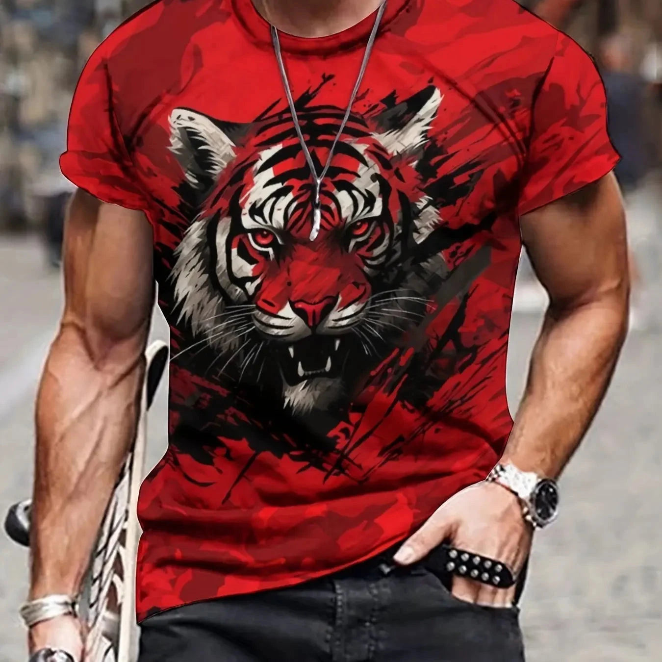 Summer men's 3D lion and tiger pattern T-shirt, casual micro elastic breathable T-shirt, suitable for outdoor jogging wear - AMULET RING STORE