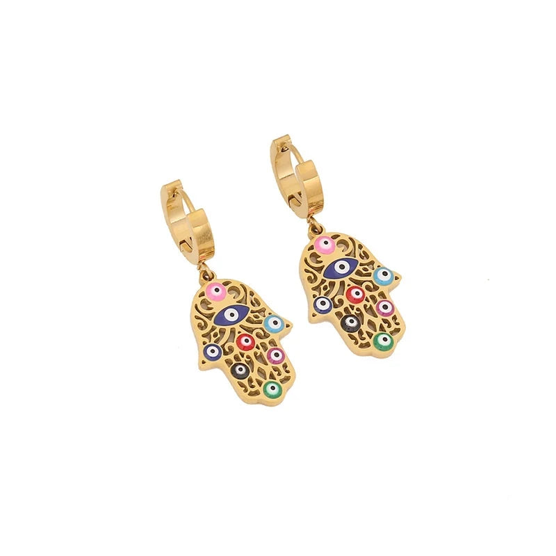 316L Stainless Steel New Fashion Fine Jewelry Colourful Eyes Palms Charm Hollow Thick Chain Necklace Bracelet Earrings For Women - AMULET RING STORE