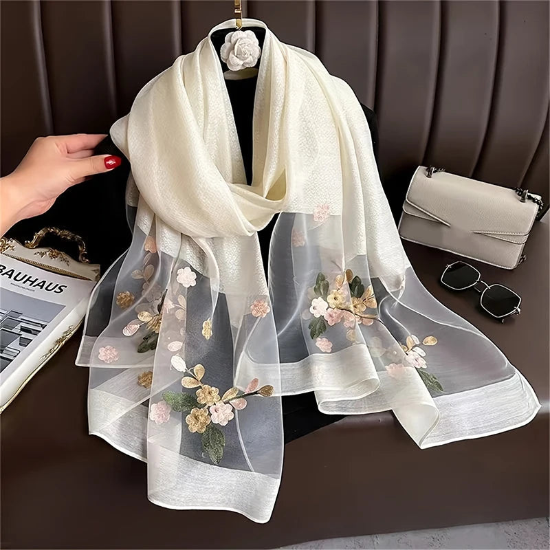 Women Silk Wool Scarf Floral Embroidery Hijab Female Foulard Spring Summer Thin Pashmina Shawls Wraps Bufanda Headscarf Stoles - AMULET RING STORE