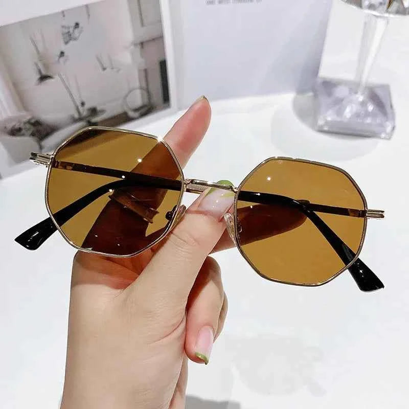 Vintage Polygonal Women Sunglasses Trendy Brand Metal Small Frame Gold-trimmed Gradient Sun Glasses