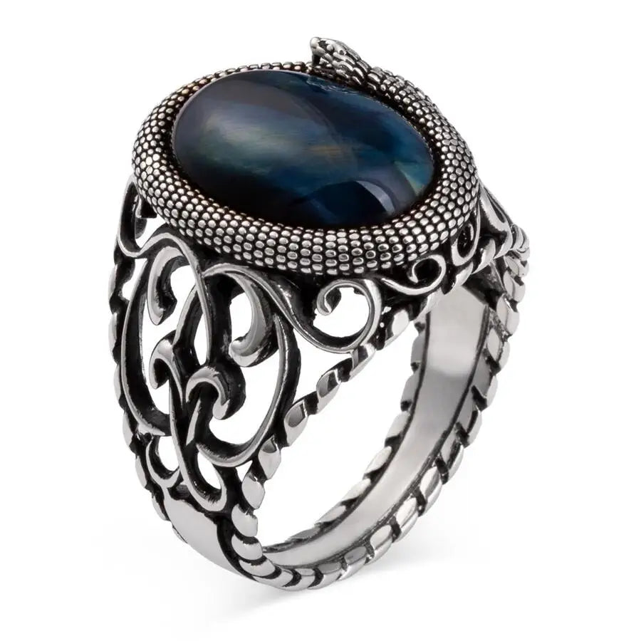 New Authentic Sterling Silver Antique Turkish Snake Ring And Blue Tiger Eye Stone Men's Colorful Punk Rock Jewelry